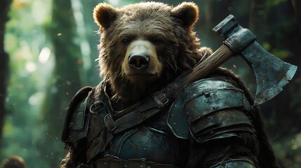 A fierce grizzly bear warrior, armed with an axe, ready for battle in a dark forest.
