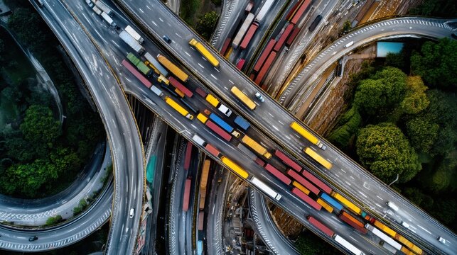 Drone view of intricate highway interchange with heavy freight traffic