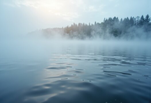 Serene lake scene with mist rising over calm water and a distant tree line under a cloudy sky