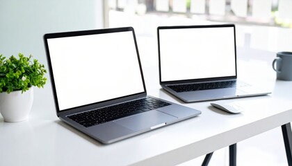 Fototapeta premium Two Laptops On White Desk With Empty Screens