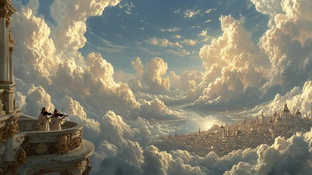 Heavenly Serenade: Two Violinists Perform on Balcony Overlooking Cloud City, Fantasy Landscape with Golden Light and Ethereal Atmosphere