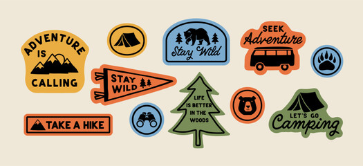 Fototapeta premium Outdoor adventure badge set featuring camping quotes and forest illustrations. Perfect for t-shirt designs, stickers, travel gear, or hiking-themed merchandise.