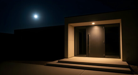 Contemporary Home Entrance Illuminated By Moonlight In The Nighttime Setting