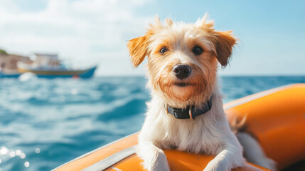 Scared dog in lifeboat escaping city flood with clear skies and blue sea in the background