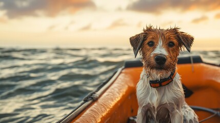 Wet dog in rescue boat escapes city flood while surrounded by turbulent sea and clouds at sunset