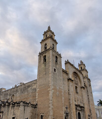 cathedral catholic church building in merida yucatan mexico (famous travel tourism destination) white city built from mayan ruin stones history spanish colonial city