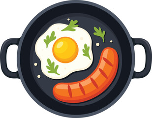 Fried egg and sausage skillet, garnished with herbs, create delicious breakfast scene. vibrant colors and simple design evoke sense of warmth
