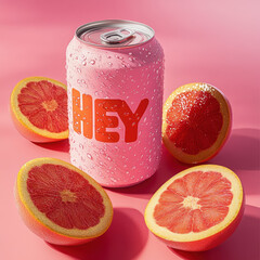  A vibrant, high-resolution studio photo of a pink canned beverage surrounded by fresh grapefruit halves. The can is light pink with bold, modern orange-red typography reading "Hey" in large letters. 