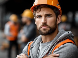 a man dressed in work attire, which includes an orange hard hat, standing amidst other workers who are visible but mostly out of focus. he is looking directly at the camera with a serious expression