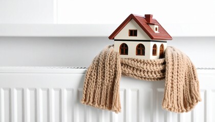 House model wrapped in scarf on radiator indoors, space for text