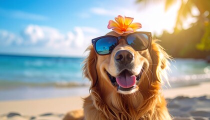 Golden Retriever wearing glasses with a flower on his head