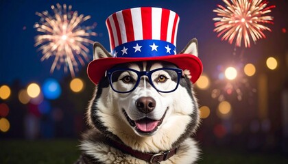 Siberian Husky wearing glasses Uncle Sam hat