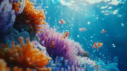 An underwater coral reef scene with fluorescent sealife