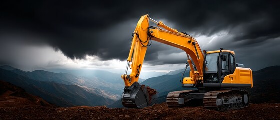 a large construction excavator in the foreground with its arm extended upwards towards the sky