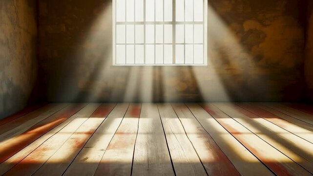 Hope Radiates: A sunlit room emanates feelings of optimism and serenity, with beams of light streaming through a barred window, illuminating the space and the intricate wooden floor.