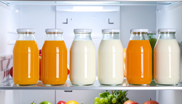 interior de una nevera con botellas de cristal con batidos naturales de fruta yogur y leche de varios sabores de frutas