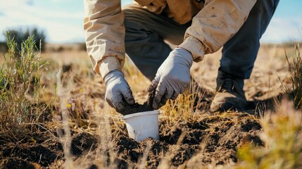 A scientist collecting soil samples in the field to study aggregate environmental data