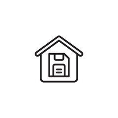 A black outline icon depicting a house with a floppy disk inside, symbolizing home data storage, local backup, or saving files to a personal computer.