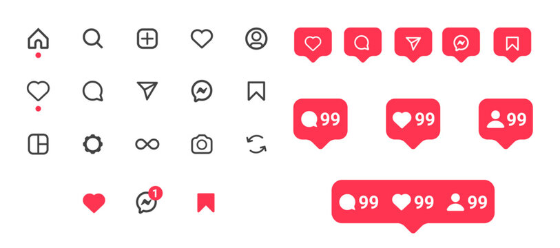 Instagram interface icon set with transparent background and social media logo symbols for mobile app UI UX design and digital communication vector illustration