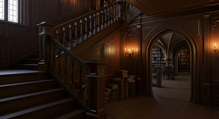 Elegant Dark Wood Library With Staircase And Antique Architectural Details