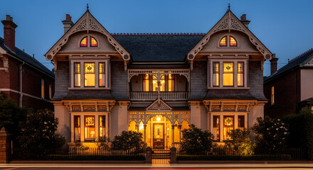 Obraz premium Victorian Era Mansion Shines With Warm Lights During Twilight Hour