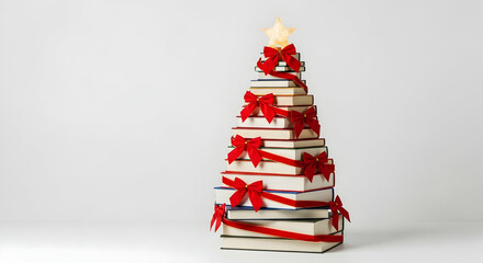 Festive Season Celebration With Book Christmas Tree Decorated Red Bows