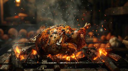 Whole rotisserie chicken turning slowly over glowing flames