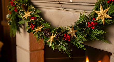 Holiday Mantel Decorated With Garland Featuring Evergreen Foliage And Golden Stars