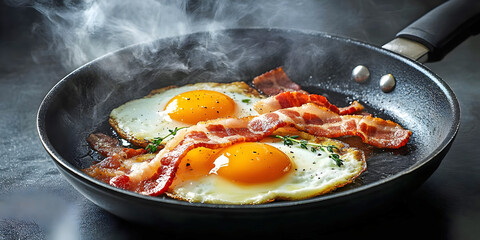 fried eggs  and bacon in a frying pan, ai generated.
