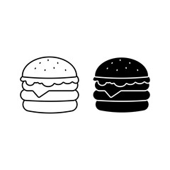 Black and white vector illustration of a classic burger in two styles - outline and filled. Perfect for interfaces, mobile apps, menu design, food blogs, printed products or icons in gastronomic proje
