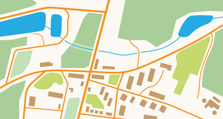 City map navigation. GPS navigator. Top view, view from above. Simple realistic map design with small town, forest and fields, river and lakes. Landscape with river. Flat style vector illustration.

