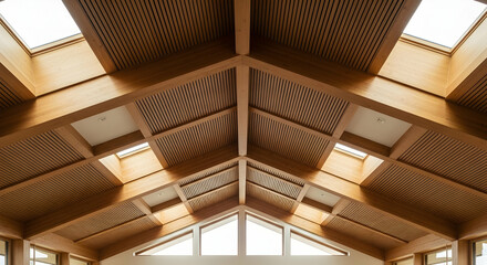 Obraz premium Symmetrical Wooden Ceiling Design with Skylights and Triangular Window Arrangements