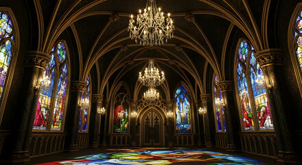 Opulent Gothic Hall With Stained Glass Windows And Chandelier Light