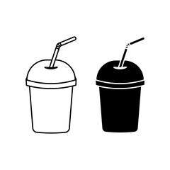 A simple black and white image of a drink in a plastic cup with a straw. Perfect for coffee shops, fast food restaurants, mobile apps.