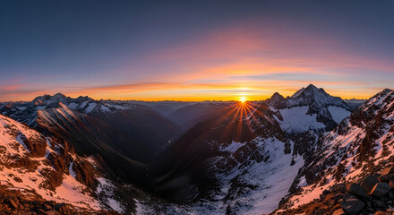Panoramic Alpine Vista: Sunrise over Snow-Capped Peaks and Serene Valley