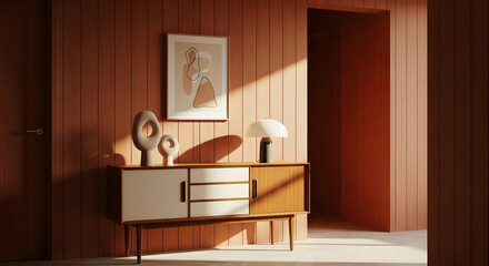 Harmonious Interior Scene With Vintage Cabinet And Modern Art