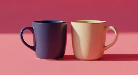 Shared moments scene, Pair of mugs with different colors and subtle wear marks placed side by side on radiant pink background