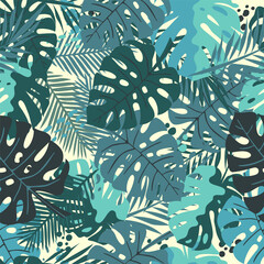 Abstract seamless pattern with tropical leaves. Botanical background. 