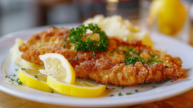 Golden-brown chicken schnitzel served with lemons and parsley