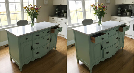 Elegant Vintage Kitchen Island With White Marble Countertop And Pastel Green Finish
