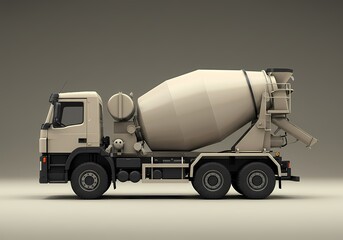 Fototapeta premium A highly detailed side view of a beige concrete mixer truck, showcasing its rotating drum and chute in a clean, neutral studio background.