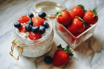 Fresh and Healthy Overnight Oats with Strawberries and Blueberries in a Jar on a Marbled Surface, Accompanied by Fresh Strawberries in a Glass Container