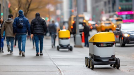 Autonomous delivery robots navigating urban sidewalks during rush hour