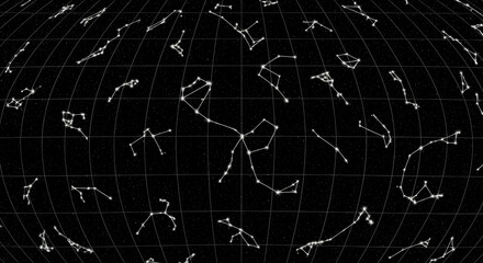 Celestial Sphere Map Featuring Dotted Line Constellations Over Laid Grid