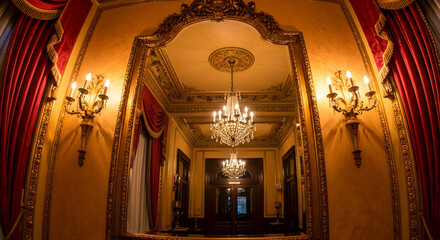 Obraz premium Opulent Reflections Glimmering Chandeliers Illuminating a Lavish Golden Hallway