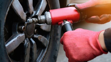 Close-Up of Hands Tightening Wheel Bolts with Pneumatic Tool – High-Resolution Image for Automotive Repair and Maintenance
