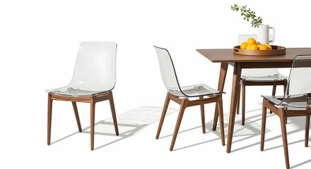 Stylish Transparent Chairs And Wooden Table Setting On White Background