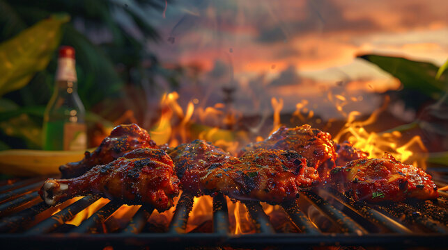 Smoky jerk chicken grilling on a metal grate charcoal grill