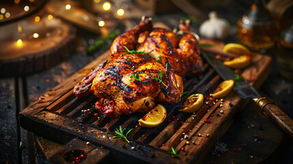 Spatchcocked chicken grilled flat over charcoal