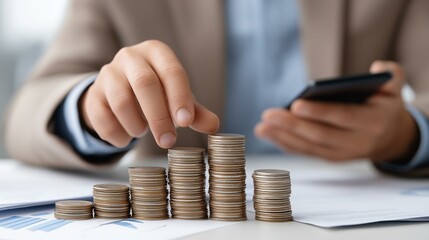 Person analyzing financial growth with coins and smartphone on table.